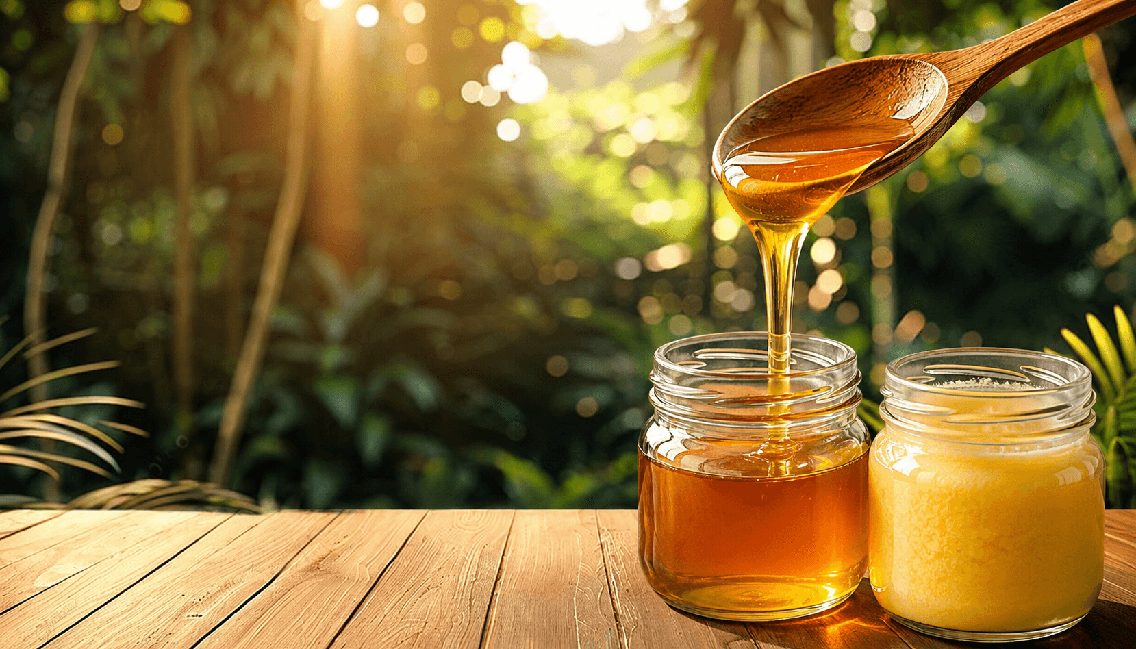 Pouring honey and Orighee jars in warm sunlight